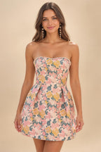 Jacquard A-Line/Princess Strapless Mini Homecoming Dresses with Bow & Pearls (SHI22370329)