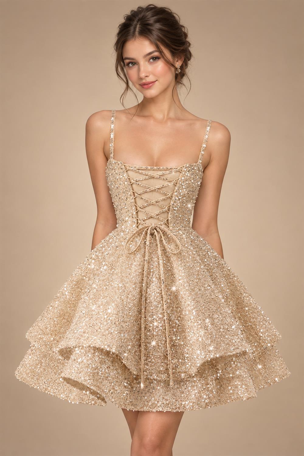 A-Line/Princess Mini Sparkly Sequin Tiered Homecoming Dresses with Spaghetti Straps (SHI22370561)