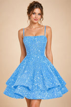 A-Line/Princess Mini Sparkly Sequin Tiered Homecoming Dresses with Spaghetti Straps (SHI22370561)