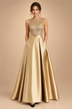 A-Line/Princess Scoop Neck Pleated Satin Evening Dresses with Sequins (SHI22500066)