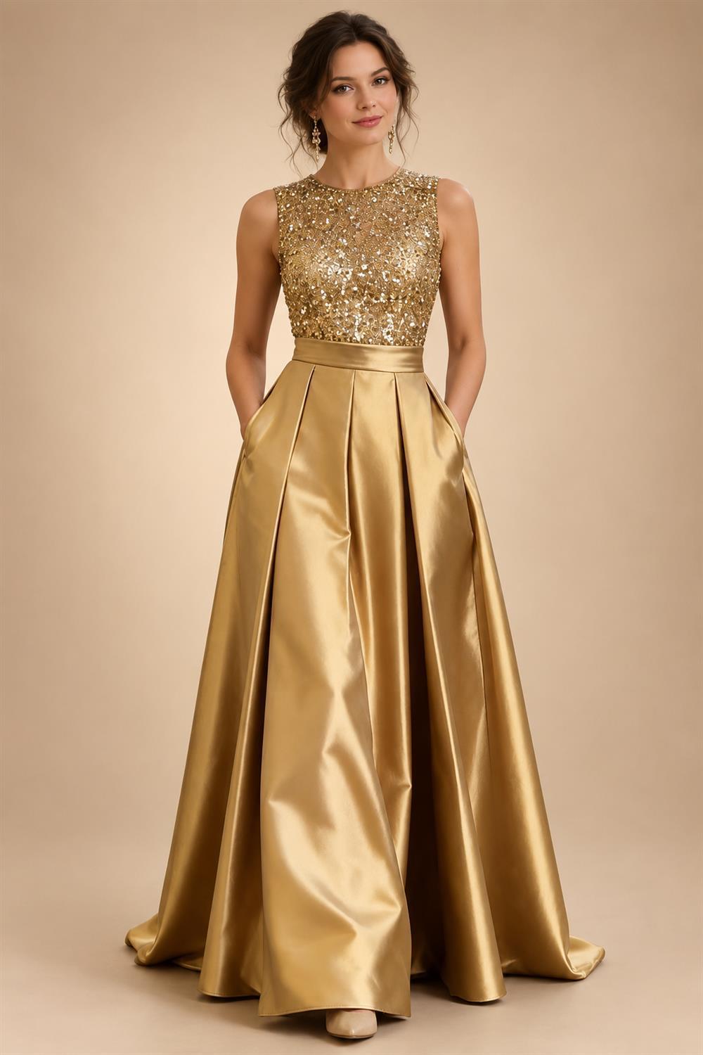 A-Line/Princess Scoop Neck Pleated Satin Evening Dresses with Sequins (SHI22500066)