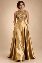 A-Line/Princess Scoop Neck Pleated Satin Evening Dresses with Sequins (SHI22500066)