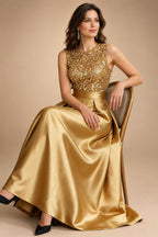 A-Line/Princess Scoop Neck Pleated Satin Evening Dresses with Sequins (SHI22500066)