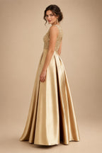 A-Line/Princess Scoop Neck Pleated Satin Evening Dresses with Sequins (SHI22500066)