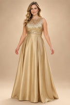 A-Line/Princess Scoop Neck Pleated Satin Evening Dresses with Sequins (SHI22500066)