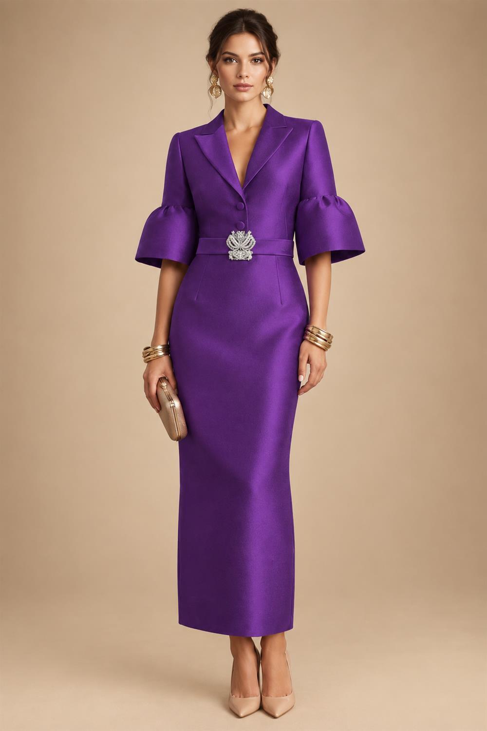 Sheath Satin Tea-Length Mother of the Bride & Groom Dresses with 3/4 Bell Sleeves & Crystal Embellished Belt (SHI22500471)