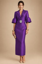 Sheath Satin Tea-Length Mother of the Bride & Groom Dresses with 3/4 Bell Sleeves & Crystal Embellished Belt (SHI22500471)