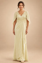 A-Line Chiffon Cape Sleeves Floor-Length Mother of the Bride & Groom Dresses with Ruched Waist (SHI22500705)