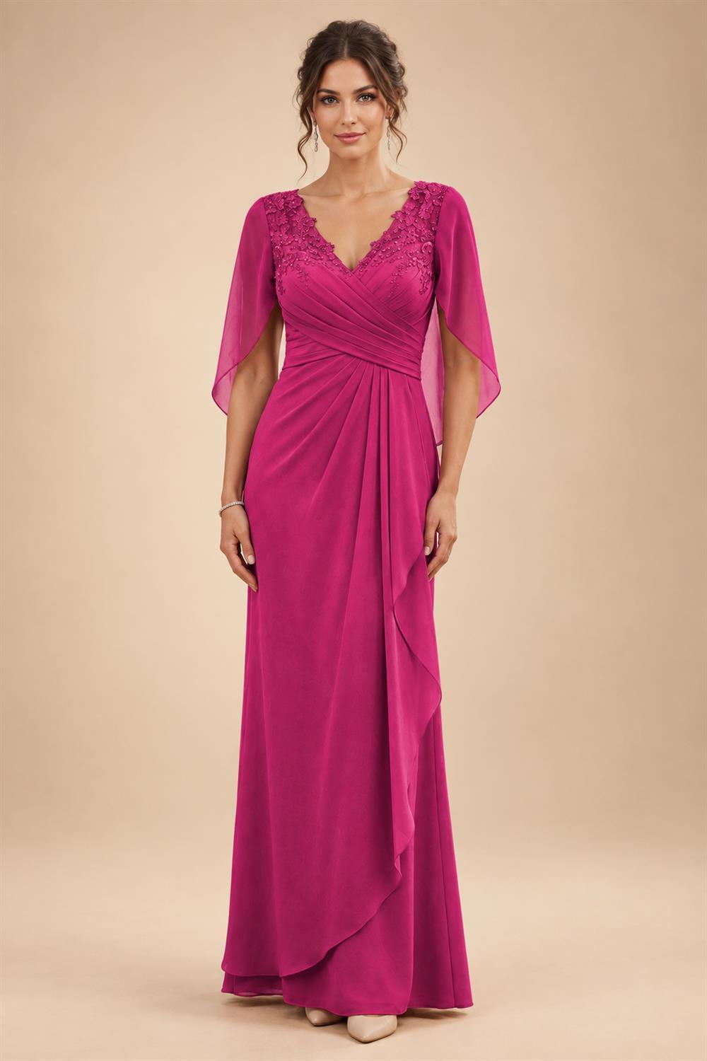 A-Line Chiffon Cape Sleeves Floor-Length Mother of the Bride & Groom Dresses with Ruched Waist (SHI22500705)