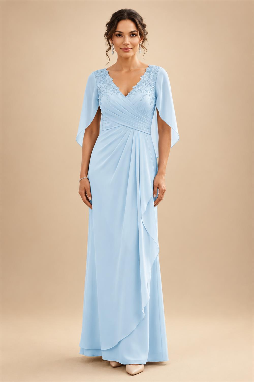 A-Line Chiffon Cape Sleeves Floor-Length Mother of the Bride & Groom Dresses with Ruched Waist (SHI22500705)