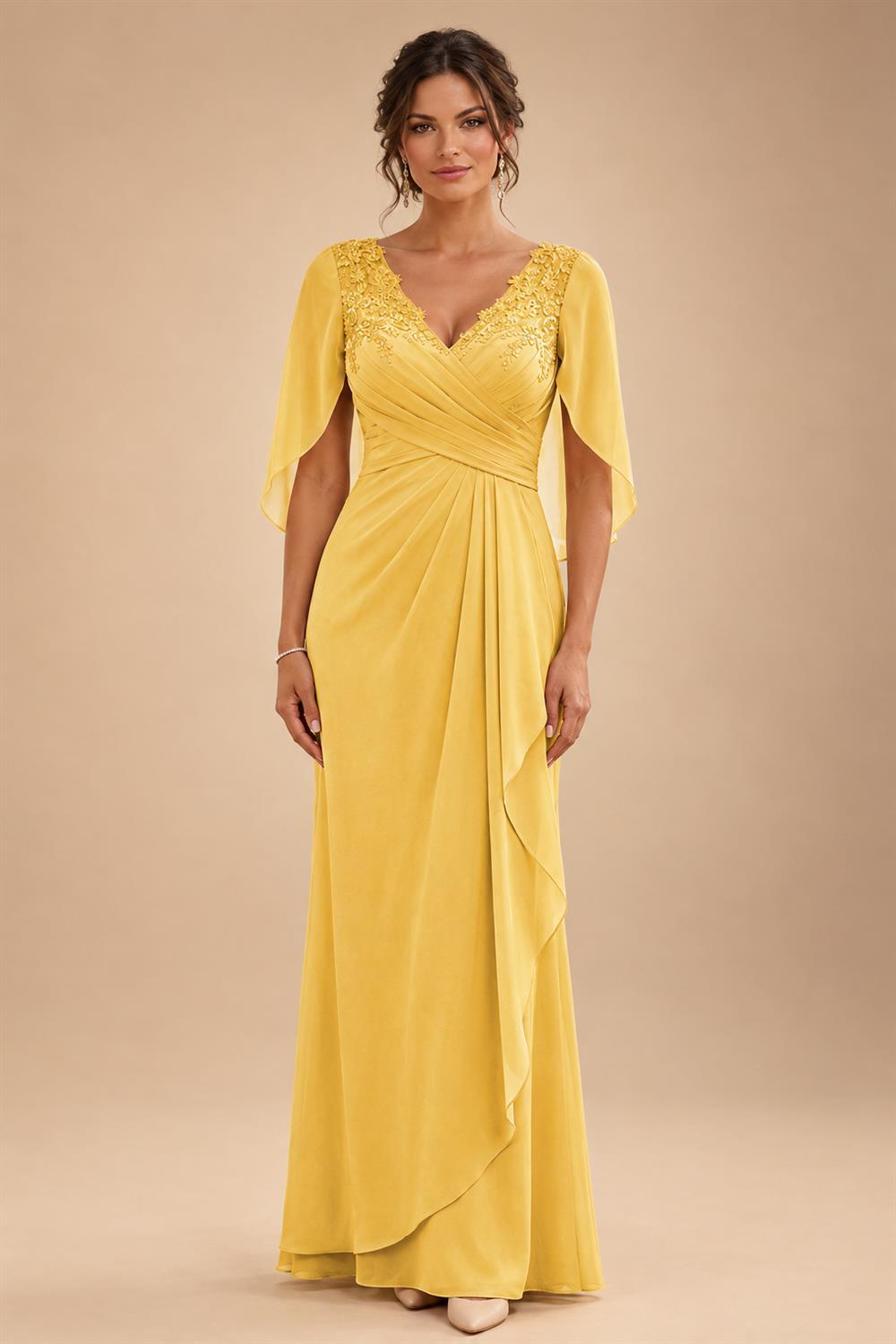 A-Line Chiffon Cape Sleeves Floor-Length Mother of the Bride & Groom Dresses with Ruched Waist (SHI22500705)