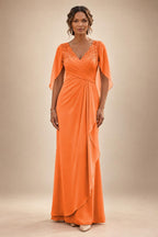 A-Line Chiffon Cape Sleeves Floor-Length Mother of the Bride & Groom Dresses with Ruched Waist (SHI22500705)
