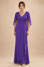 A-Line Chiffon Cape Sleeves Floor-Length Mother of the Bride & Groom Dresses with Ruched Waist (SHI22500705)