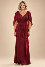 A-Line Chiffon Cape Sleeves Floor-Length Mother of the Bride & Groom Dresses with Ruched Waist (SHI22500705)