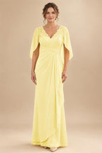 A-Line Chiffon Cape Sleeves Floor-Length Mother of the Bride & Groom Dresses with Ruched Waist (SHI22500705)