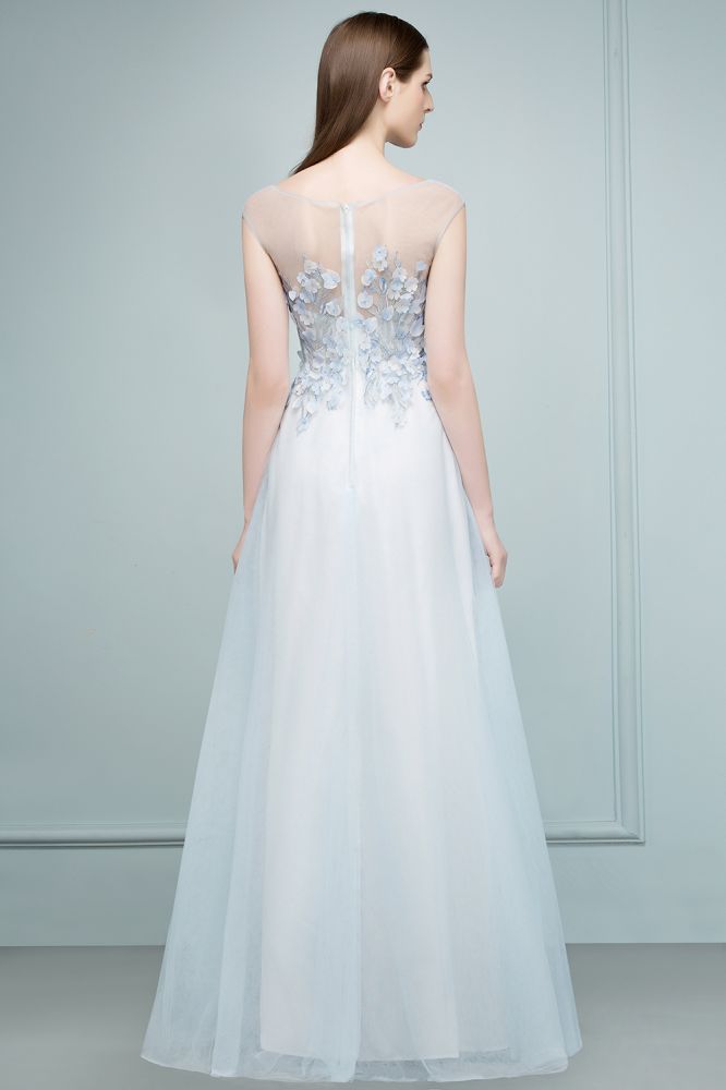 Vestidos de baile compridos até ao chão, em linha A, sem mangas, com flores aplicadas em tule