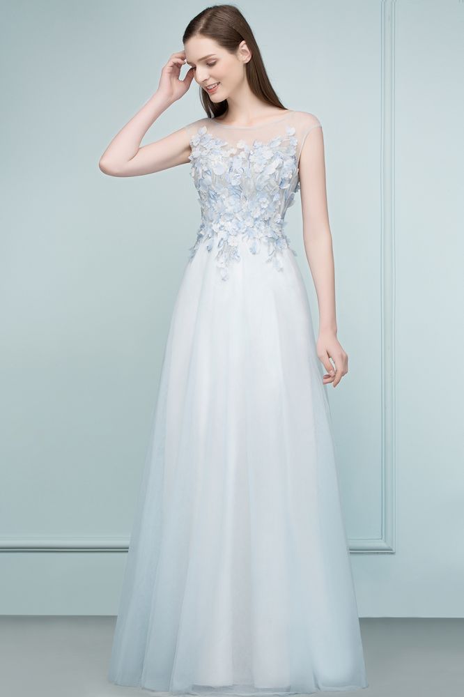 Vestidos de baile compridos até ao chão, em linha A, sem mangas, com flores aplicadas em tule