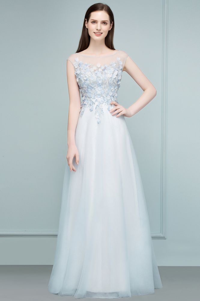 Vestidos de baile compridos até ao chão, em linha A, sem mangas, com flores aplicadas em tule