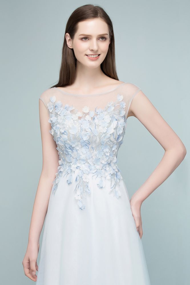 Vestidos de baile compridos até ao chão, em linha A, sem mangas, com flores aplicadas em tule