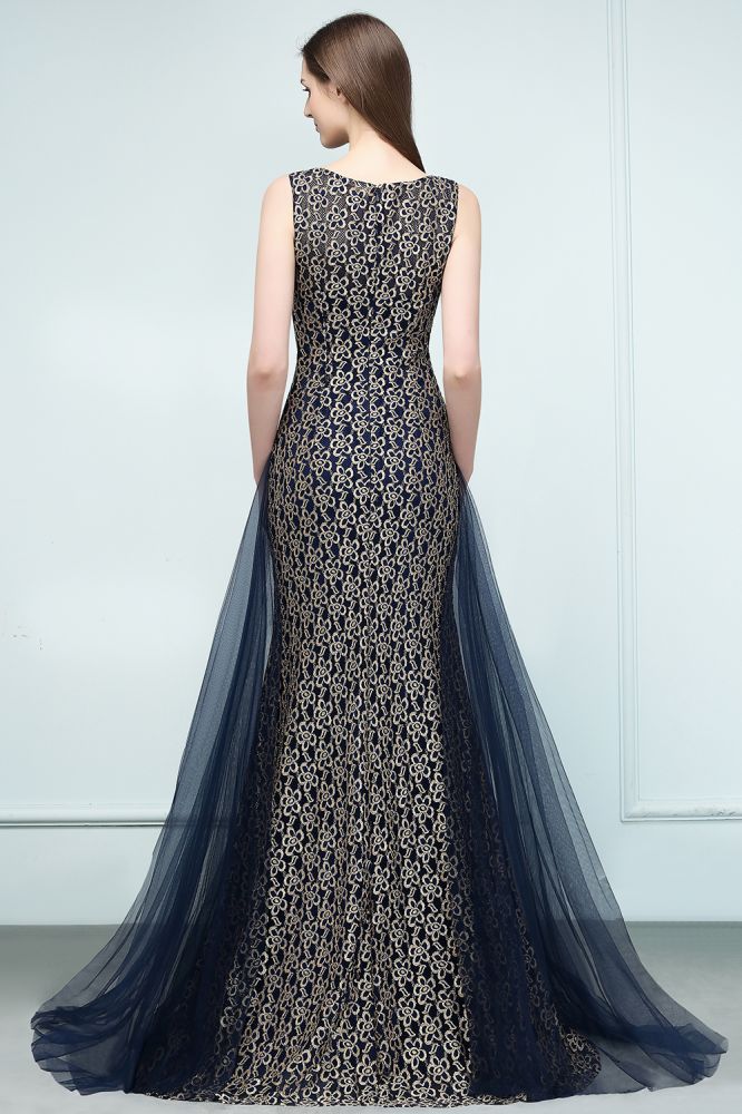 Vestidos de Baile Compridos Dourados com Renda, Sem Mangas, Estilo Sereia e Gola Redonda