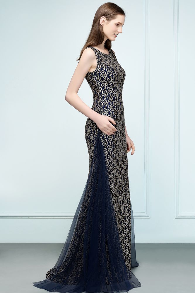 Vestidos de Baile Compridos Dourados com Renda, Sem Mangas, Estilo Sereia e Gola Redonda