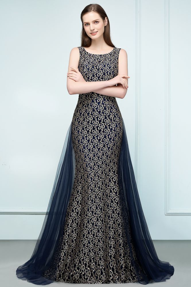 Vestidos de Baile Compridos Dourados com Renda, Sem Mangas, Estilo Sereia e Gola Redonda