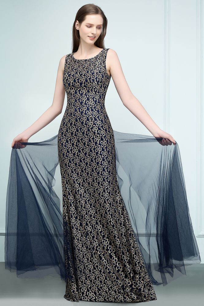 Vestidos de Baile Compridos Dourados com Renda, Sem Mangas, Estilo Sereia e Gola Redonda
