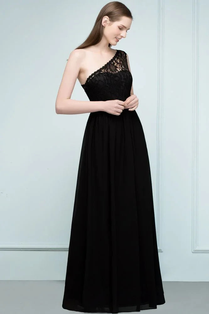 Vestidos de dama de honor largos hasta el suelo de encaje y gasa en línea A con un solo hombro y fajín