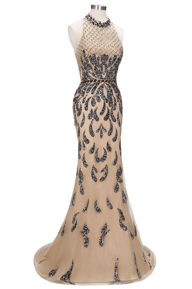 Robes de bal longues sirène à col licou avec motifs pailletés
