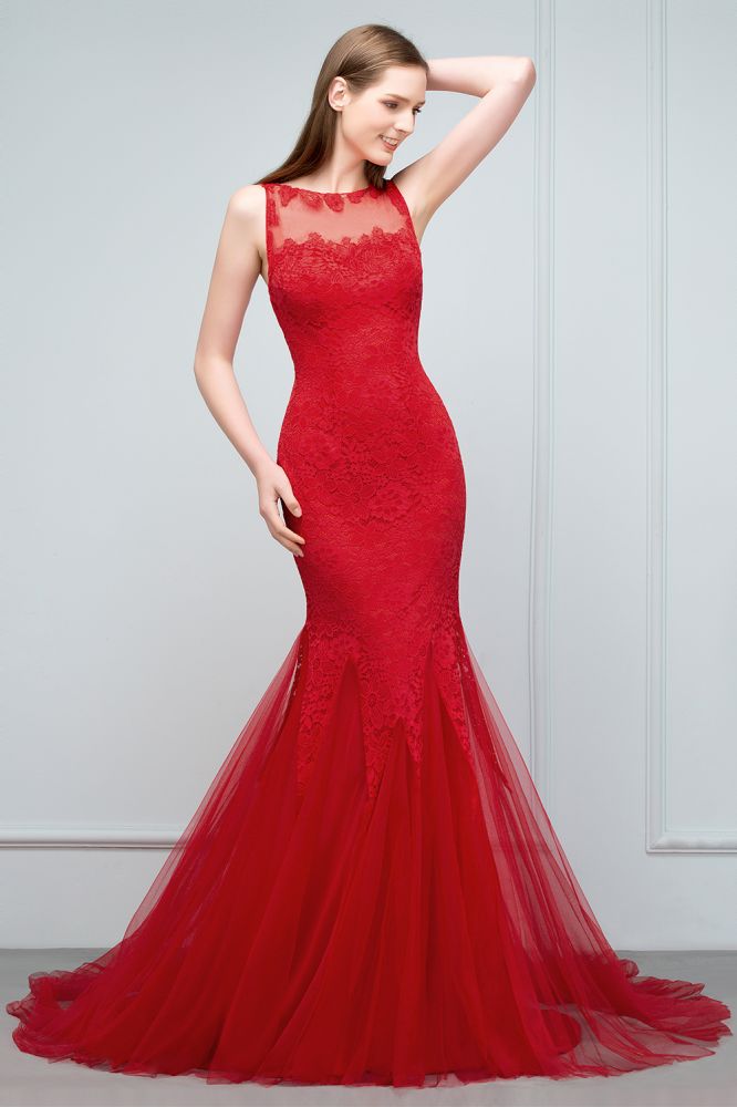 Robes de bal longues jusqu'au sol, coupe sirène, encolure illusion, sans manches, en tulle et dentelle