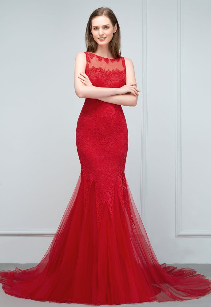 Robes de bal longues jusqu'au sol, coupe sirène, encolure illusion, sans manches, en tulle et dentelle