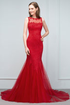 Robes de bal longues jusqu'au sol, coupe sirène, encolure illusion, sans manches, en tulle et dentelle