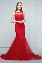 Robes de bal longues jusqu'au sol, coupe sirène, encolure illusion, sans manches, en tulle et dentelle