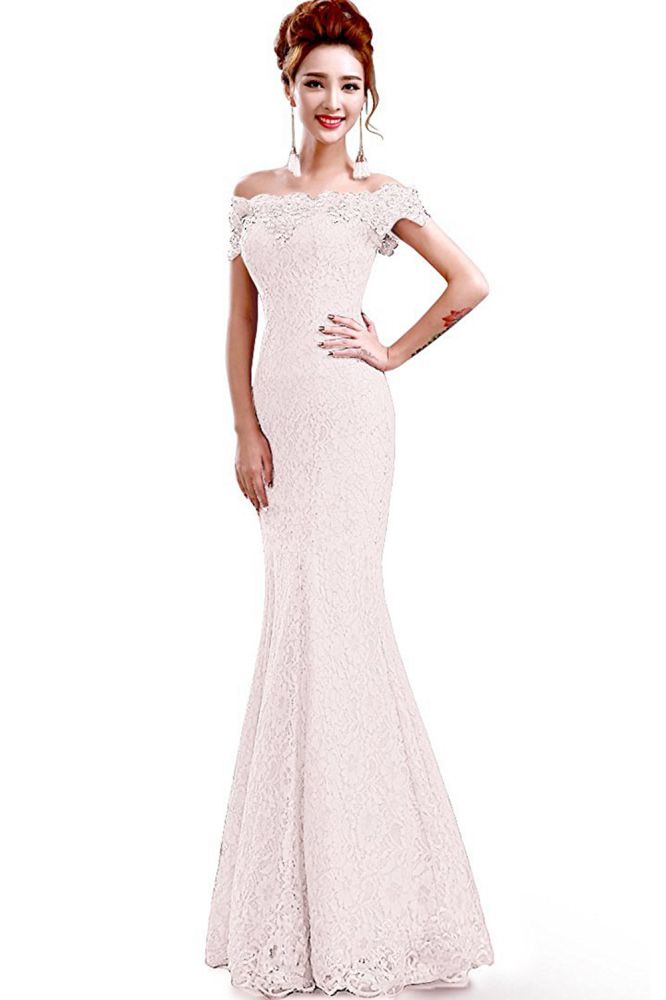 Vestidos de Dama de Honra com Renda, Ombros Descobertos, Estilo Sereia e Comprimento até ao Chão