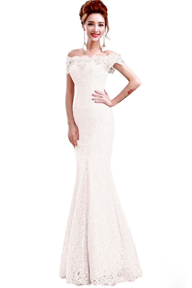 Vestidos de Dama de Honra com Renda, Ombros Descobertos, Estilo Sereia e Comprimento até ao Chão