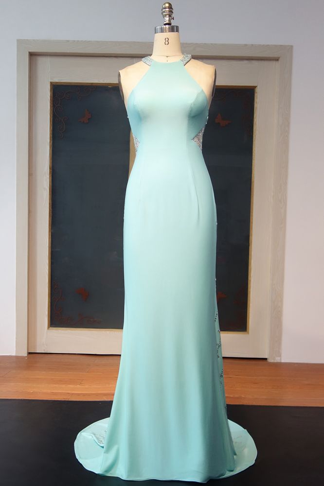 Robes de bal longues au sol, fourreau, dos nu à paillettes, col licou