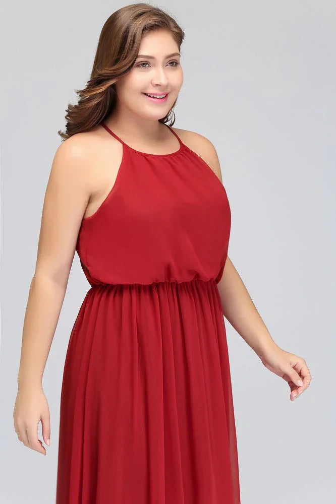 Floor Length Sleeveless A-Line Straps Plus size Evening Dresses with Ruffles