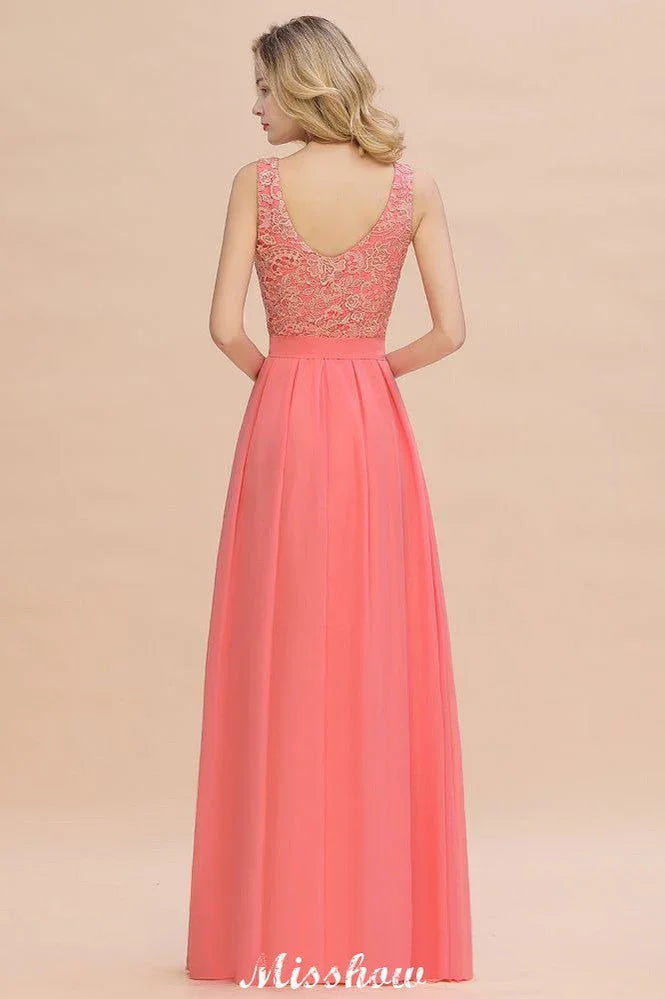 Vestido de Noiva Simples em Linha A com Renda Floral, Sem Mangas, Vestido Comprido para Damas de Honra
