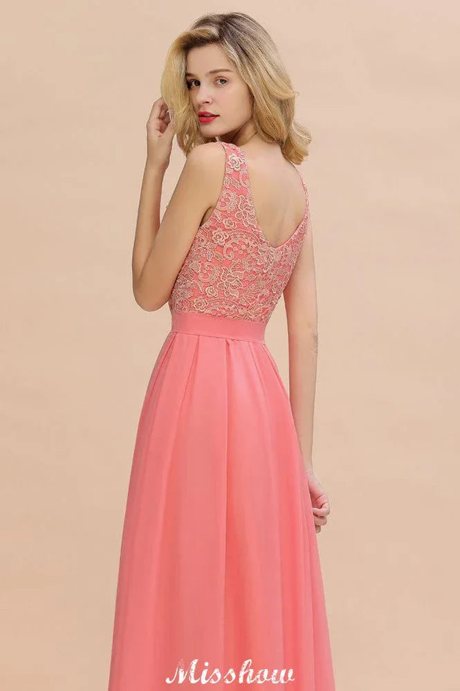 Vestido de Noiva Simples em Linha A com Renda Floral, Sem Mangas, Vestido Comprido para Damas de Honra
