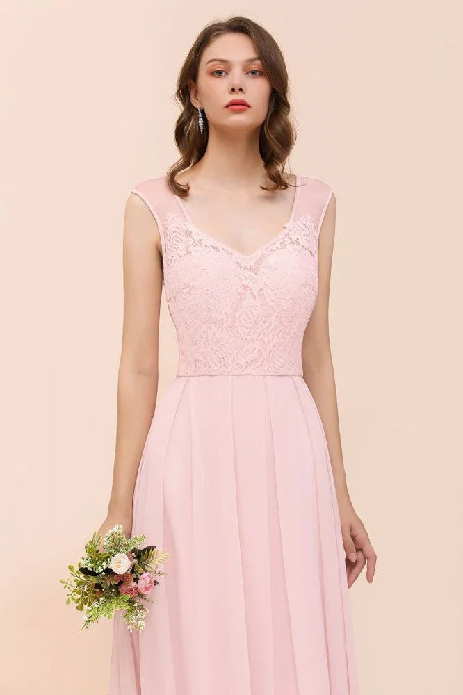 Blumiges Spitzenkleid für Brautjungfern Rosa A-Linien Hochzeitsfestkleid
