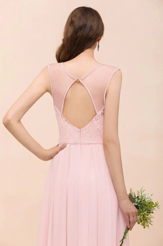 Blumiges Spitzenkleid für Brautjungfern Rosa A-Linien Hochzeitsfestkleid