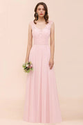 Blumiges Spitzenkleid für Brautjungfern Rosa A-Linien Hochzeitsfestkleid