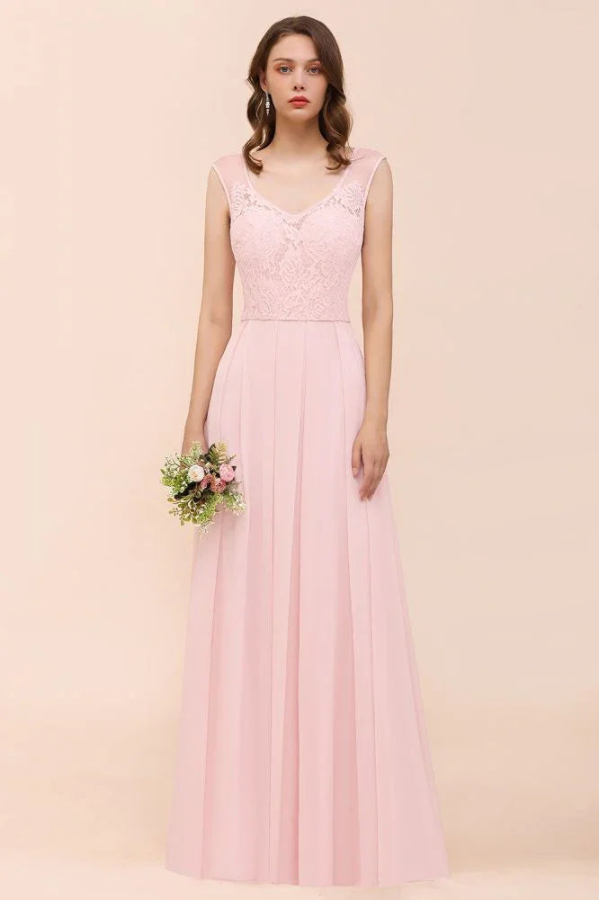 Blumiges Spitzenkleid für Brautjungfern Rosa A-Linien Hochzeitsfestkleid