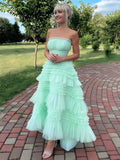 Flovencia| Robe de bal bustier vert menthe en tulle à volants superposés et ourlet asymétrique
