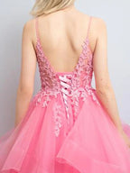 A-Line Prom Dresses Princess Dress Formal Floor Length Sleeveless V Neck Tulle Backless with Pleats Appliques