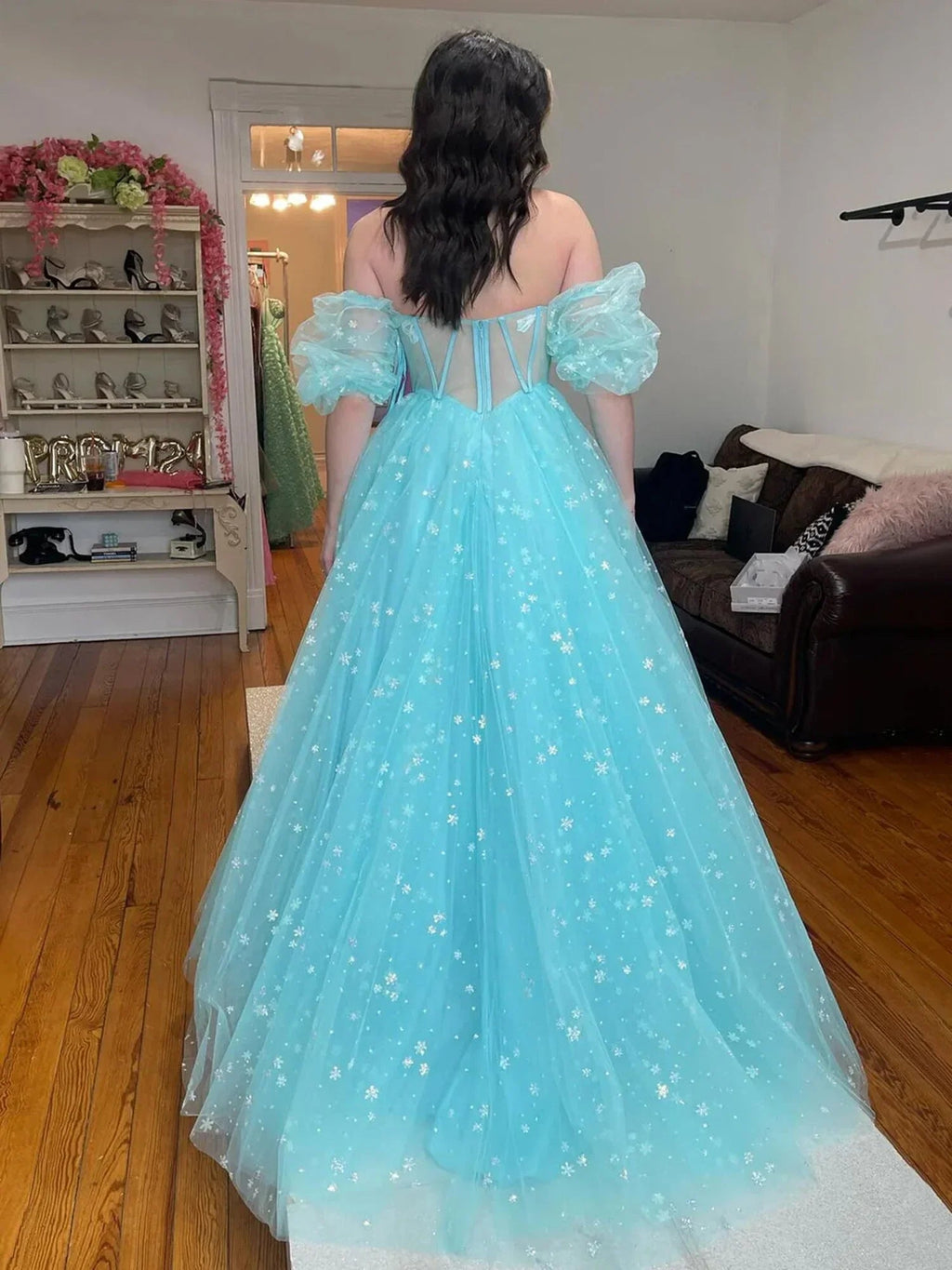 Francis | Robe de bal longue en tulle bleu aqua sans bretelles, coupe évasée, étoilée