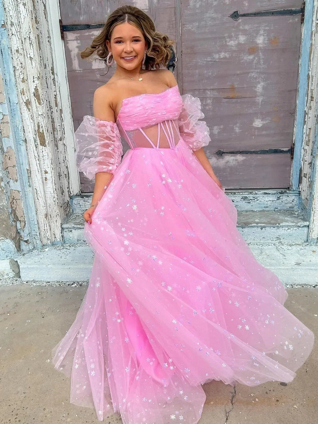 Francis | Robe de bal longue en tulle bleu aqua sans bretelles, coupe évasée, étoilée