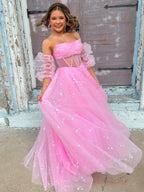 Francis | Robe de bal longue en tulle bleu aqua sans bretelles, coupe évasée, étoilée