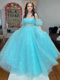 Francis | Robe de bal longue en tulle bleu aqua sans bretelles, coupe évasée, étoilée