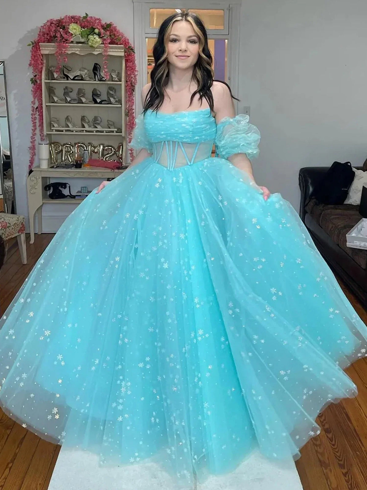 Francis | Robe de bal longue en tulle bleu aqua sans bretelles, coupe évasée, étoilée